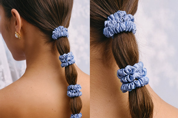 Two views of a woman's ponytail with blue scrunchies on a neutral background