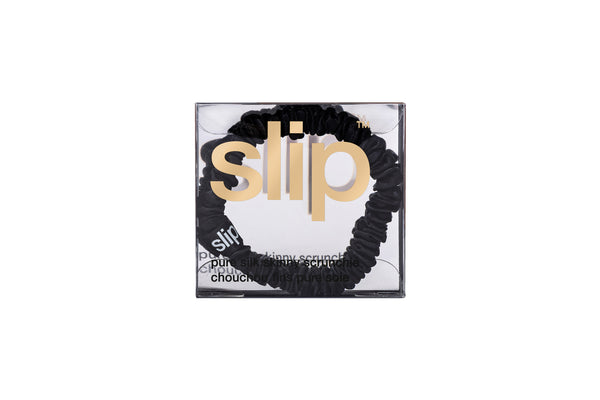 Black silk scrunchie in a 'slip' branded box on a white background