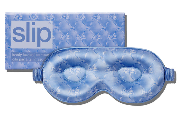 Blue pattern contour sleep mask with 'slip' branding on a white background