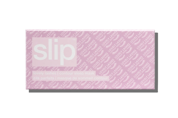 A purple slip silk contour sleep mask packaging box on white background. Designed to protect delicate eyelash extensions.