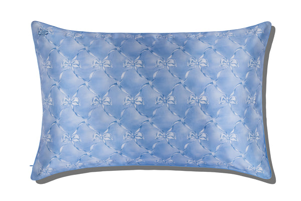 Blue pattern silk pillowcase on a white background