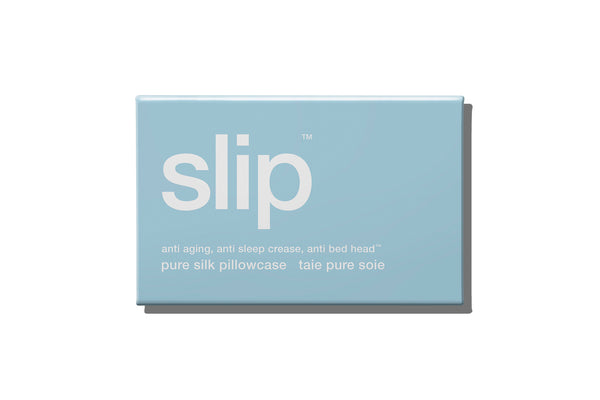 A seabreeze blue slip queen pillowcase packaging box on a white background.