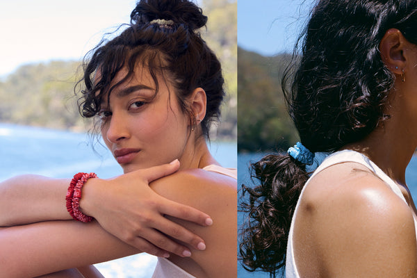Model with slip skinny scrunchies on her wrist and hair.