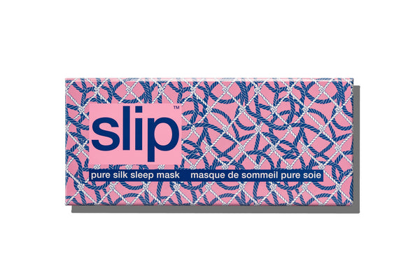 A slip pure silk sleep mask packaging with a blue and pink nautical ropes pattern on a white background.