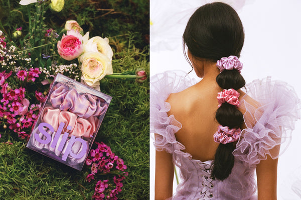A set of three large slip silk scrunchies in shades of purple, pink, and rose in branded packaging in garden bed. Woman with styled ponytail with set of three large slip silk scrunchies in shades of purple, pink, and rose.