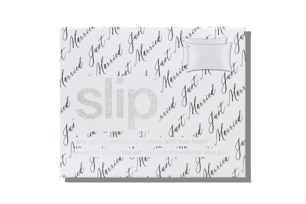 Slip packaging with glitter logo and 'just married' repeated text on a white background.
