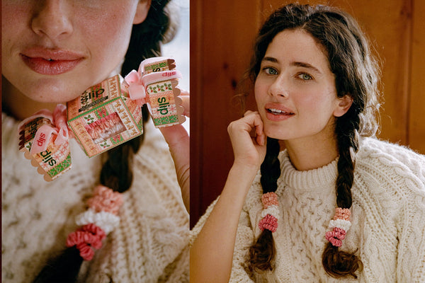A split-screen lifestyle image showing a woman wearing pink, peach and white silk hair scrunchies in braids, paired with a cream cable-knit sweater. The left panel is a close-up of her hand holding the scrunchies, and the right panel shows her wearing them.