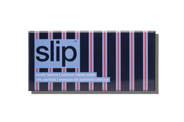 Slip silk contour sleep mask packaging with blue and red stripes on a white background