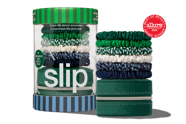 Container of slip silk hair scrunchies with green, white, and blue colors, featuring the Allure award on a white background.