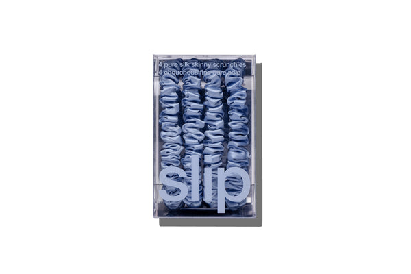 Package of blue scrunchies with 'slip' branding on a white background