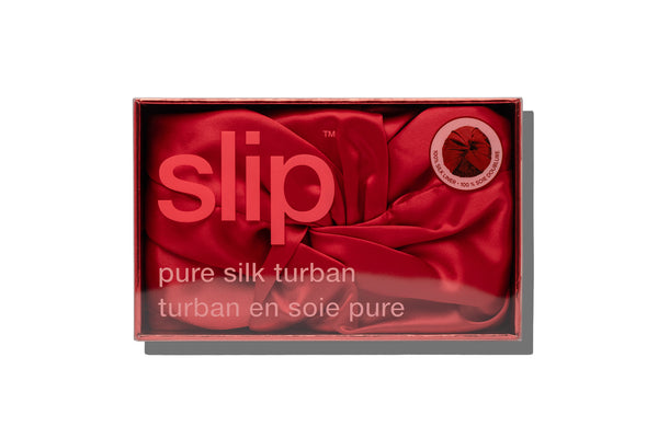 Red slip pure silk turban packaging on a white background