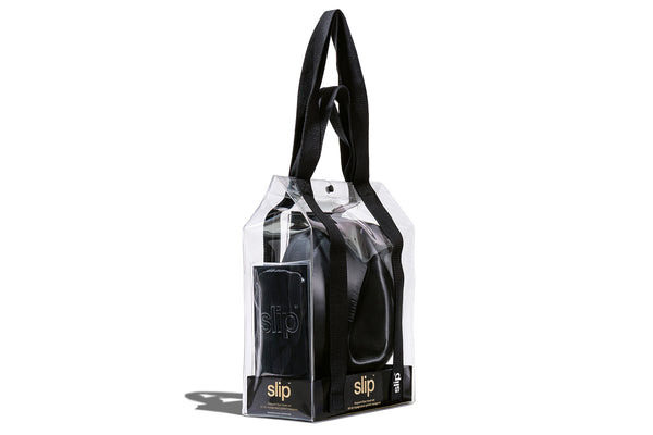 Black Slip Frequent Flyer Travel Set in a clear carry bag.