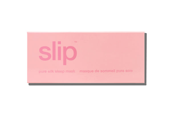 A pink slip silk sleep mask branded box on a white background.