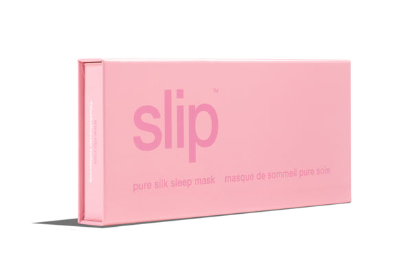 A pink slip silk sleep mask branded box on a white background.